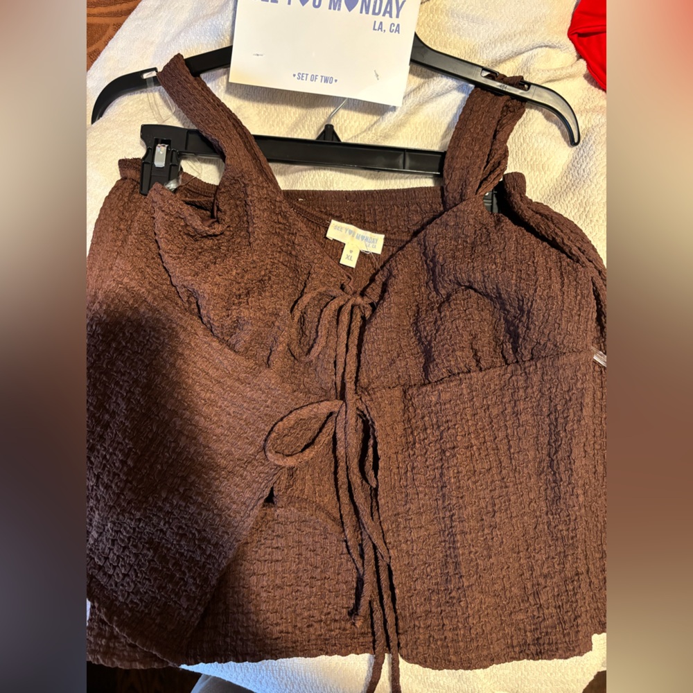 Brown Textured Wrap Top